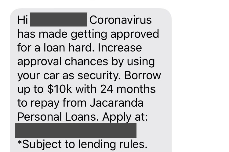 A text message saying "Coronavirus has made getting approved for a loan hard" with a link to Jacaranda's website.