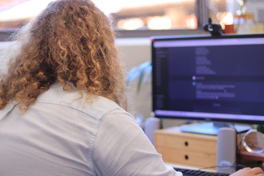 Shot taken from behind of a man at a computer