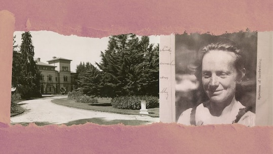 A composite image showing an old mental institution and a photo of a young woman against a pink background.