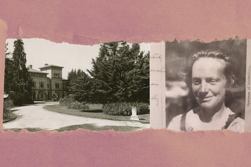 A composite image showing an old mental institution and a photo of a young woman against a pink background.