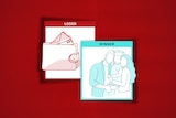 red background with a green line drawing of a family on a white card and a red line drawing of a wallet on a white card.