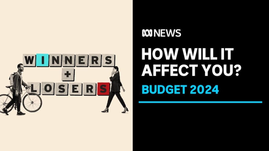 How Will it Affect You? Budget 2024: A graphic saying 'Winners + Losers' with a man wheeling a bicycle and a woman on the phone.