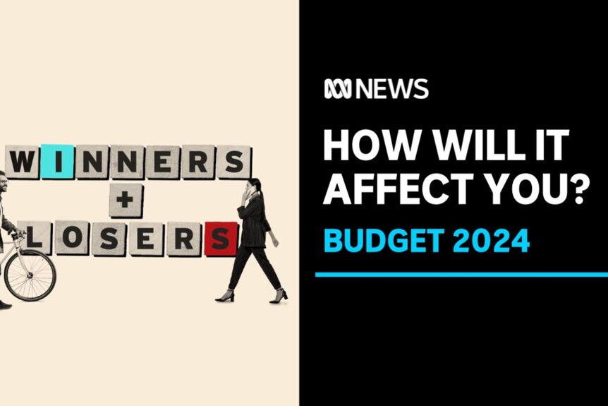 How Will it Affect You? Budget 2024: A graphic saying 'Winners + Losers' with a man wheeling a bicycle and a woman on the phone.