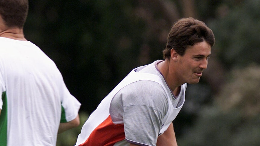Found dead ... Sinclair at training with the Rabbitohs ahead of the 2002 NRL season.
