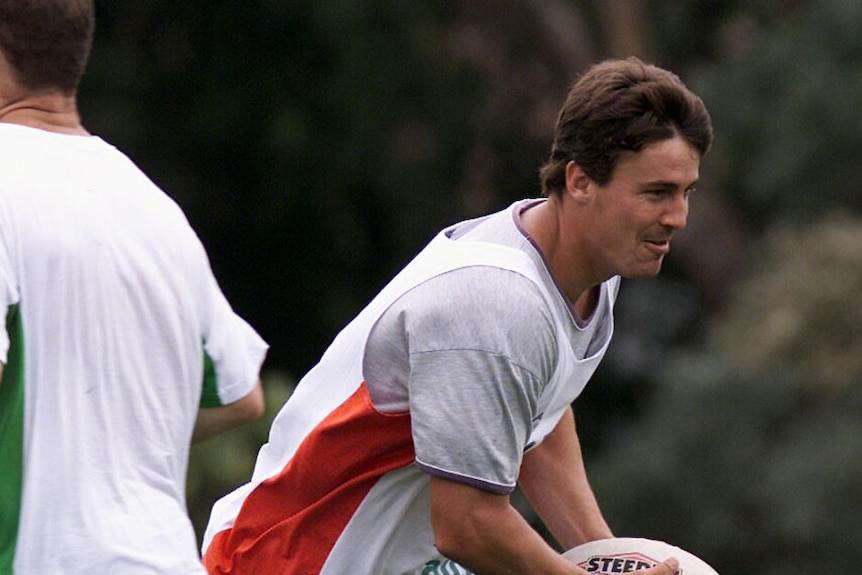 Found dead ... Sinclair at training with the Rabbitohs ahead of the 2002 NRL season.