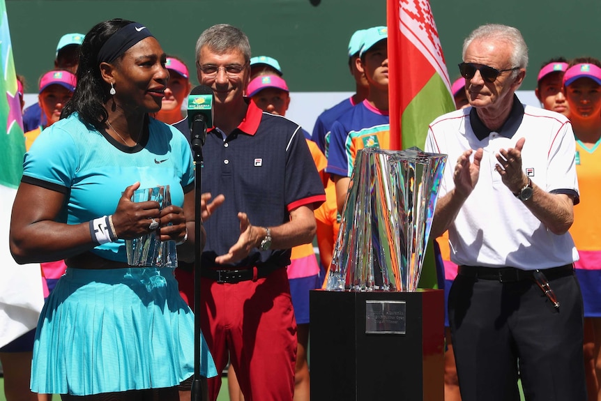 Indian Wells tournament director Raymond Moore and Serena Williams