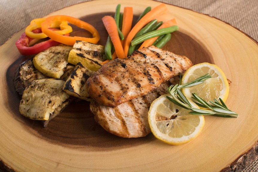 Plate of grilled chicken and vegetables