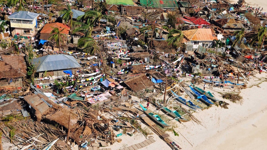 Aerial photo of typhoon destruction in Philippines