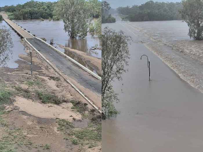 Before and after photos of the flooded Gulf Development Road in north Queensland.