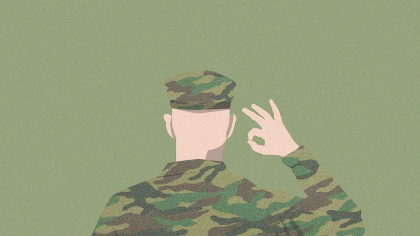 An illustration of an Army soldier holding his fingers in a white supremacy gesture