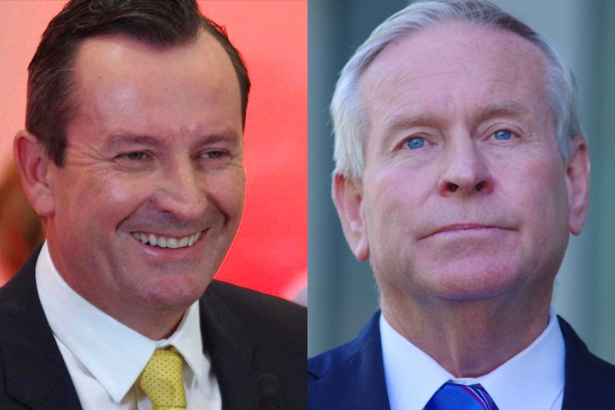 A composite photo of a smiling Mark McGowan and a concerned looking Colin Barnett.