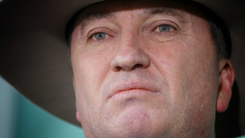 A close up shot of Barnaby Joyce in one of Parliament House's courtyards. He's wearing an Akubra.