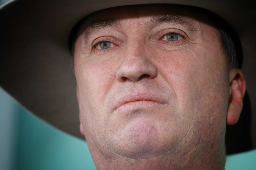 A close up shot of Barnaby Joyce in one of Parliament House's courtyards. He's wearing an Akubra.