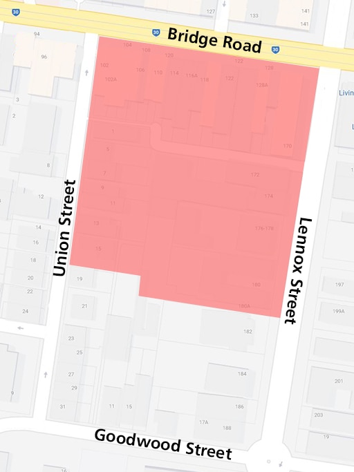 A map with a red section showing an exclusion zone between Union Street, Bridge Road and Lennox Street.