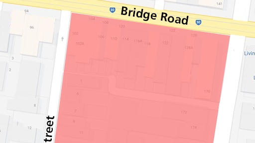 A map with a red section showing an exclusion zone between Union Street, Bridge Road and Lennox Street.
