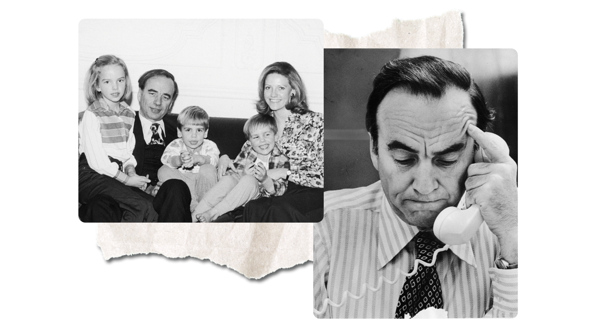 Composite image black and white Rupert Murdoch wife and kids and Rupert on the phone