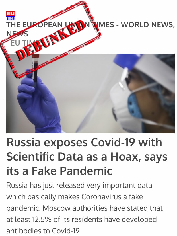 A news article claiming Russia had exposed COVID-19 as a hoax with a debunked stamp on top