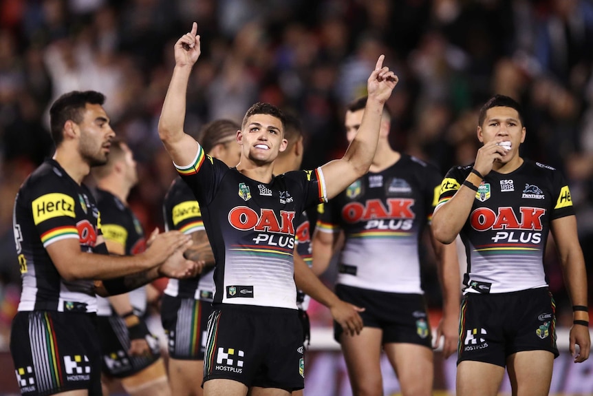Penrith's Nathan Cleary celebrates the Panthers' win over Canberra