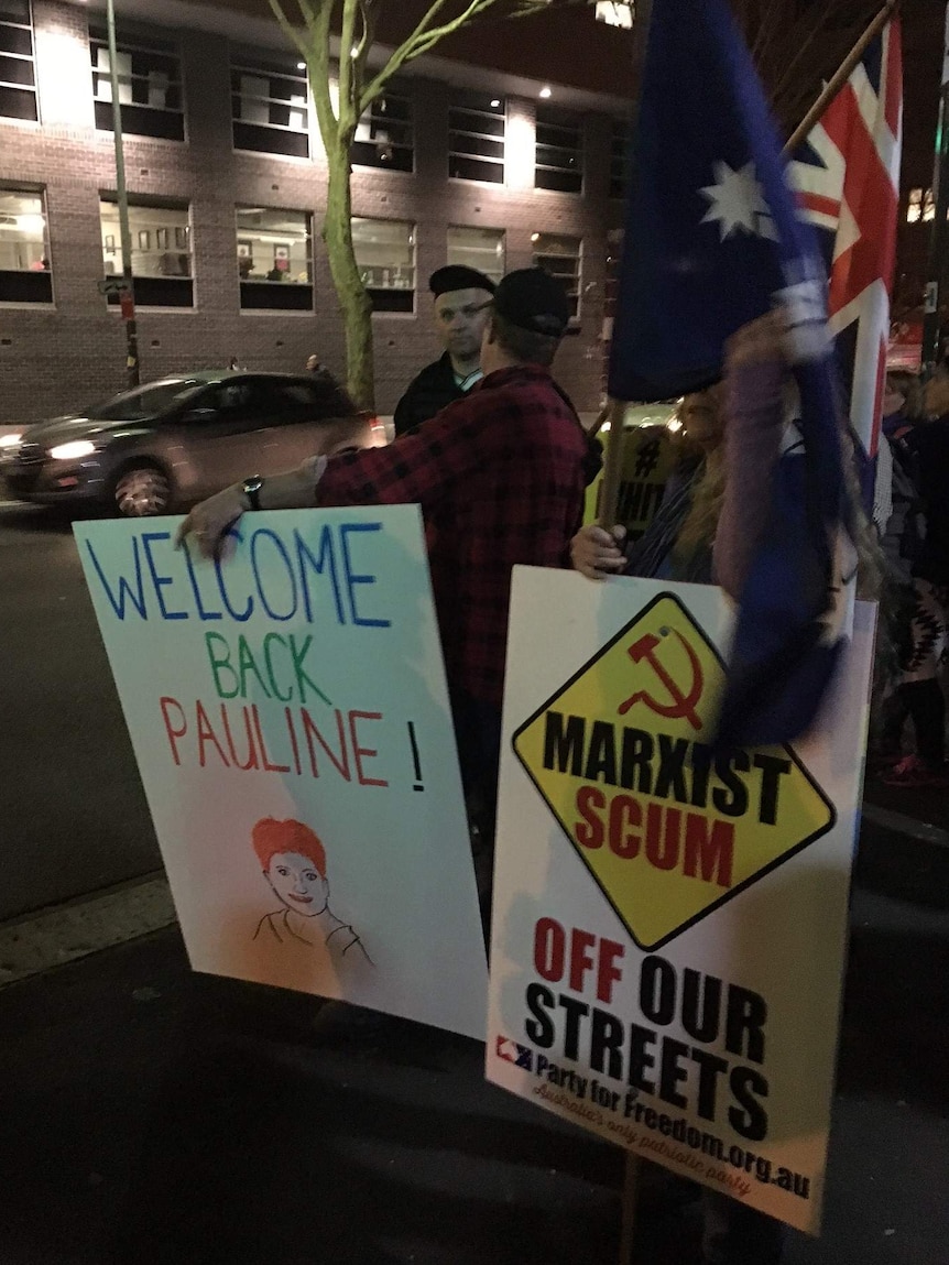 Pro-Pauline Hanson protesters in front of the ABC building in Ultimo.