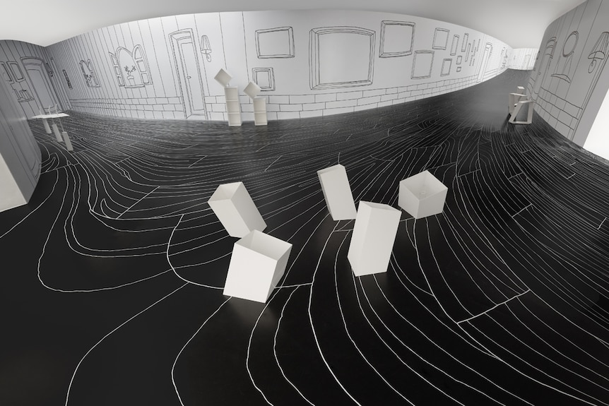 Black and white gallery space with illustrated walls, geometric furniture and lines on floor.