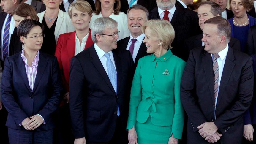 Prime Minister Kevin Rudd and Governor-General Quentin Bryce pose with the new ministry