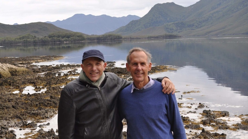 Nigel Westlake poses with Bob Brown on a recent trip to Tasmania.
