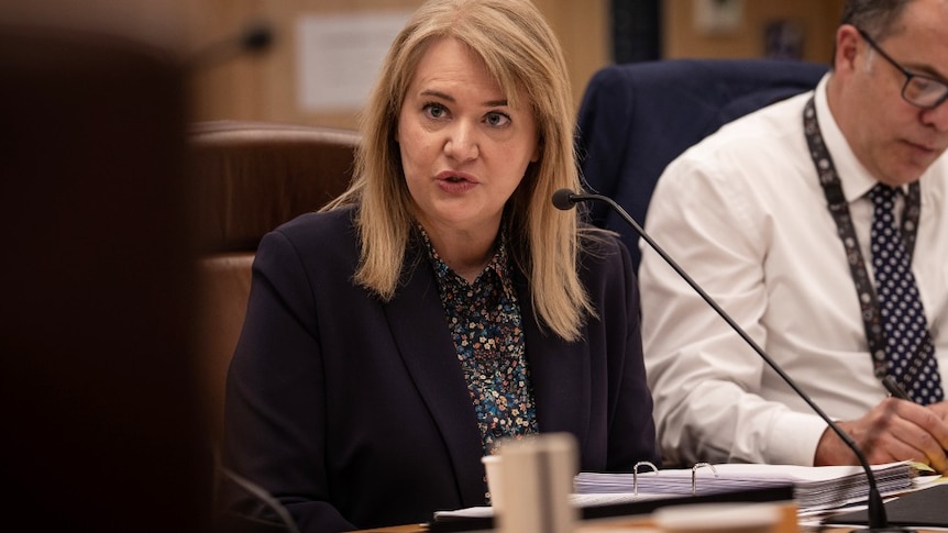 A woman with blonde hair sits at a desk and speaks