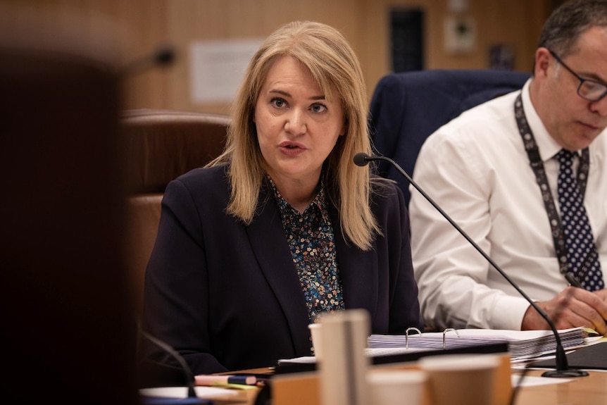 A woman with blonde hair sits at a desk and speaks