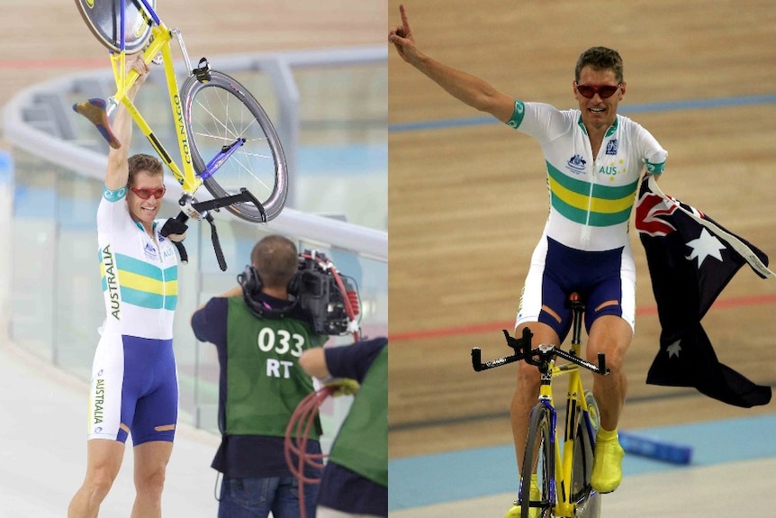 A composite image showing a cyclist celebrating with his bike and the Australian flag.