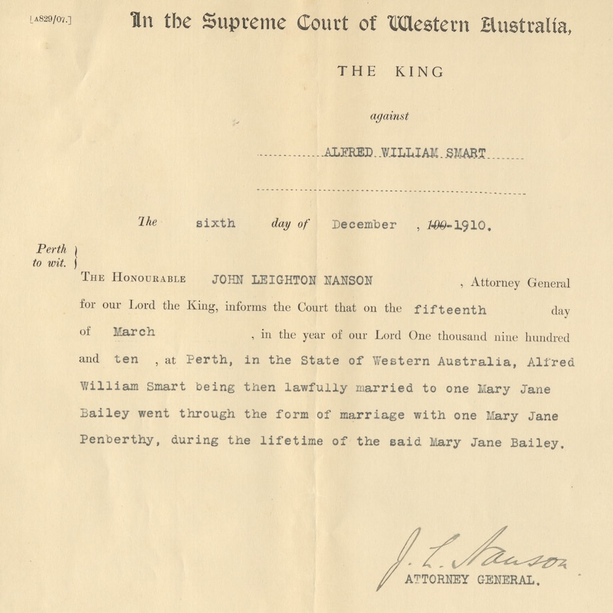 The Supreme Court record of Smart's bigamy charge, 1910