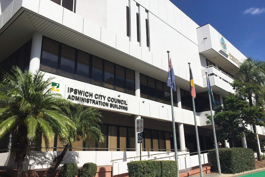 External of white coloured Ipswich City Council Administration building.