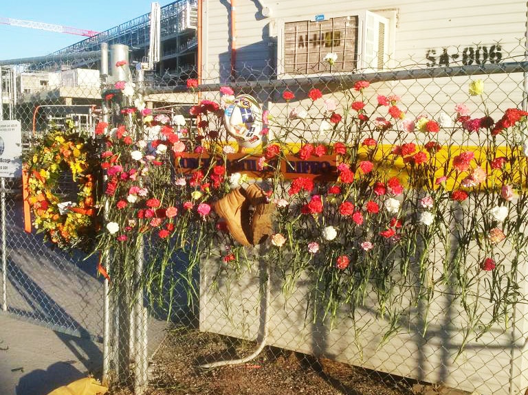 Tributes outside the part-built hospital.