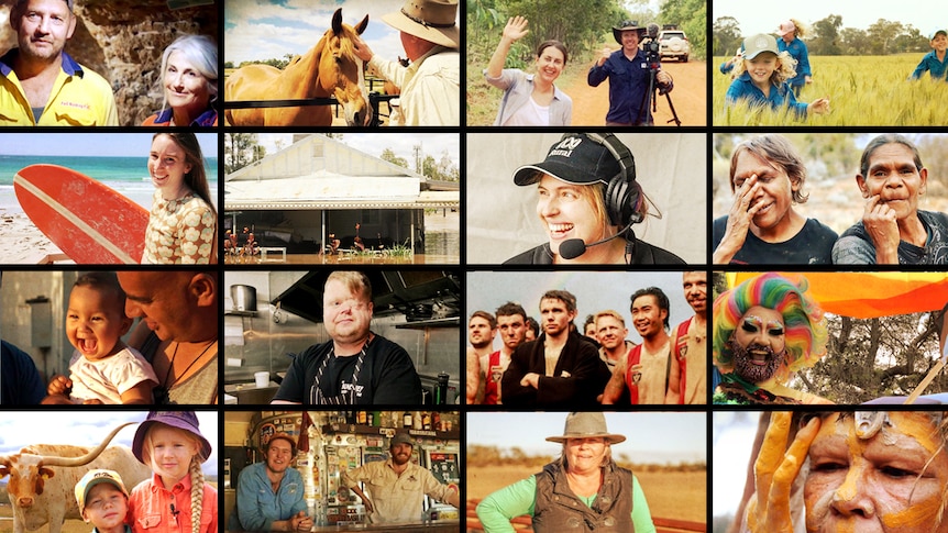 A grid of photos include a woman in a hat with an abc logo talking into a microphone, two indigenous women laughing 