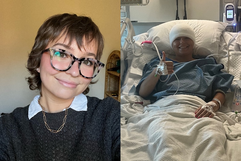 Two photos. On the left is a smiling woman in her 20s wearing glasses. On the right is the same woman in a hospital bed.
