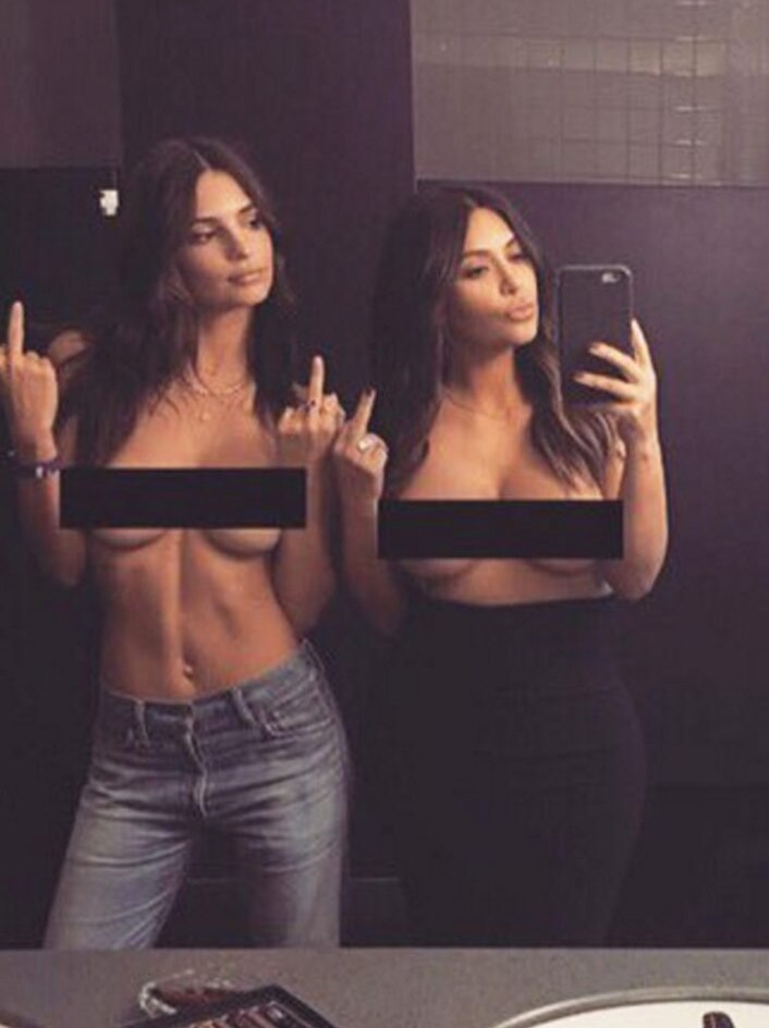 Kim Kardashian and Emily Ratajkowski pose for a topless selfie.