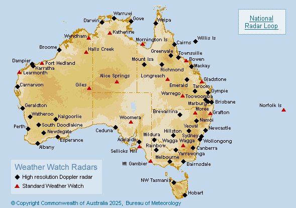 A map of Australia with various coloured shapes on it representing its weather radars and their locations. 