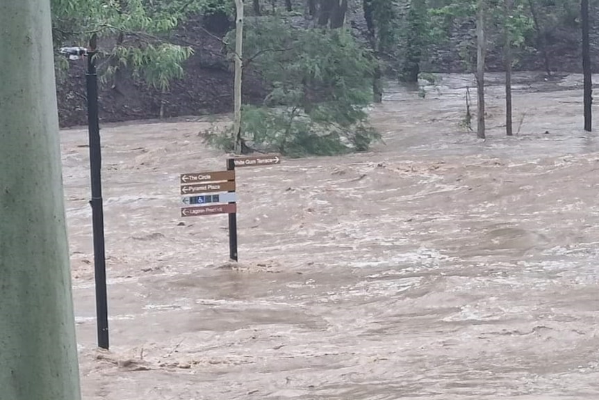 A signpost is underwater as flooding takes over the parklands