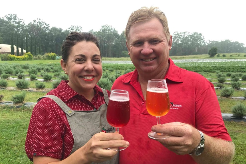Kim and Jason Lewis hold up their glasses in front of a field of lavender and strawberries.