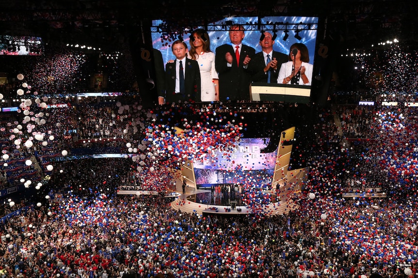 Republican presidential candidate Donald Trump gives two thumbs up to the crowd at the Republican National Convention