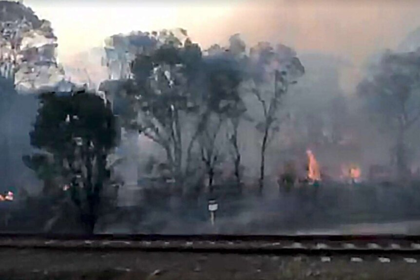A passenger films out of a train window, showing fires burning in bushland right next to the tracks.