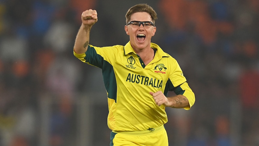 An Australian bowler shouts in jubilation and punches his fist in the air after taking a wicket.