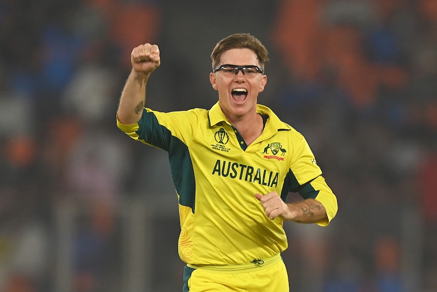 An Australian bowler shouts in jubilation and punches his fist in the air after taking a wicket.