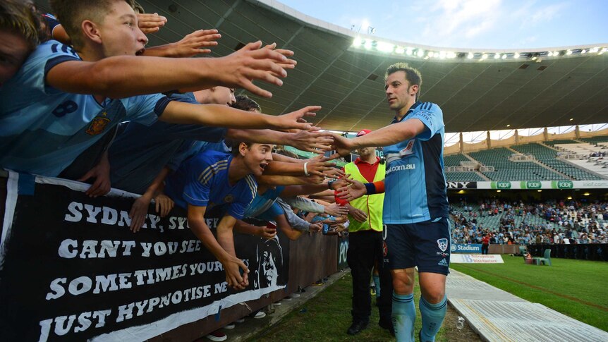 Alessandro Del Piero celebrates with Sydney FC fans in 'The Cove' after a 2013 win over Adelaide.