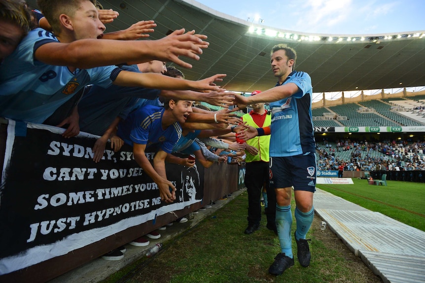 Alessandro Del Piero celebrates with Sydney FC fans in 'The Cove' after a 2013 win over Adelaide.