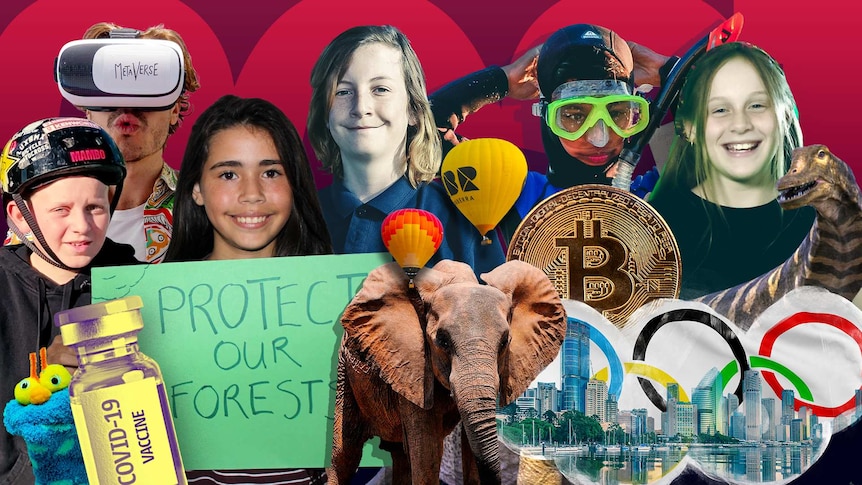 Various people and things from throughout the year like bitcoin logo, an elephant, Olympic rings and rookie reporters