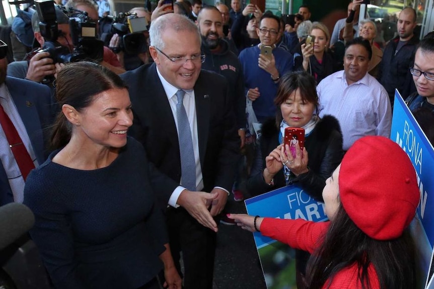 Scott Morrison and Fiona Martin in the middle of a big crowd