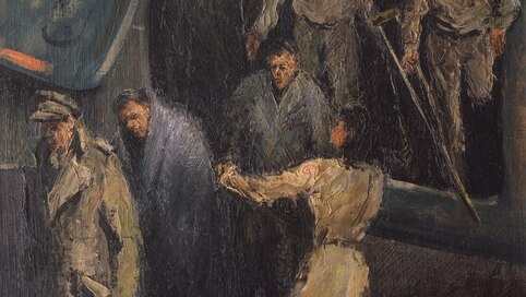 Alan Moore's 1945 painting, Ex-POWs' first glimpse outside Germany for 5 years.