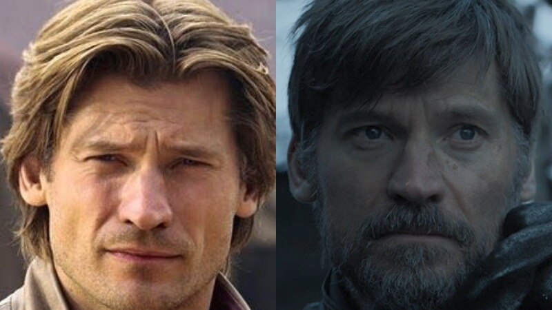 Gold-haired Jaime in season 1 vs the rugged greying look in the final season.