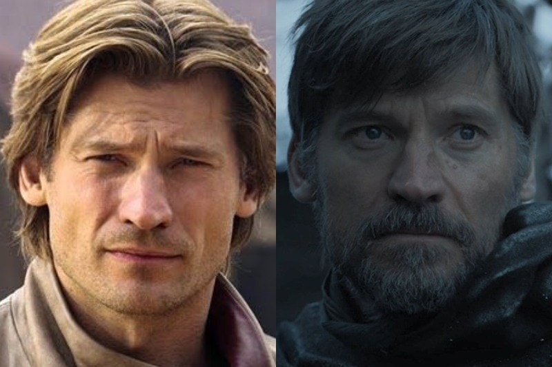 Gold-haired Jaime in season 1 vs the rugged greying look in the final season.