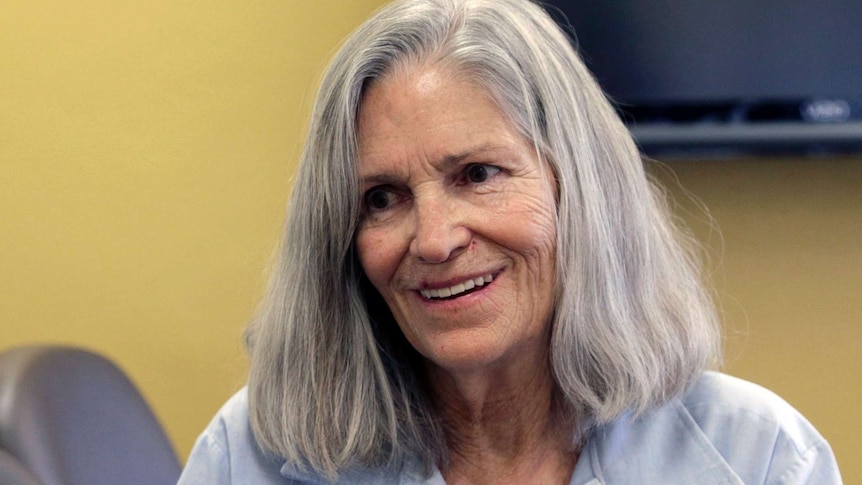 Former Charles Manson follower Leslie Van Houten smiles during a parole hearing.